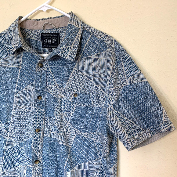Roark Mens Geometric Aztec Blue Button Up Short Sleeve Shirt Size XL - Picture 3 of 6
